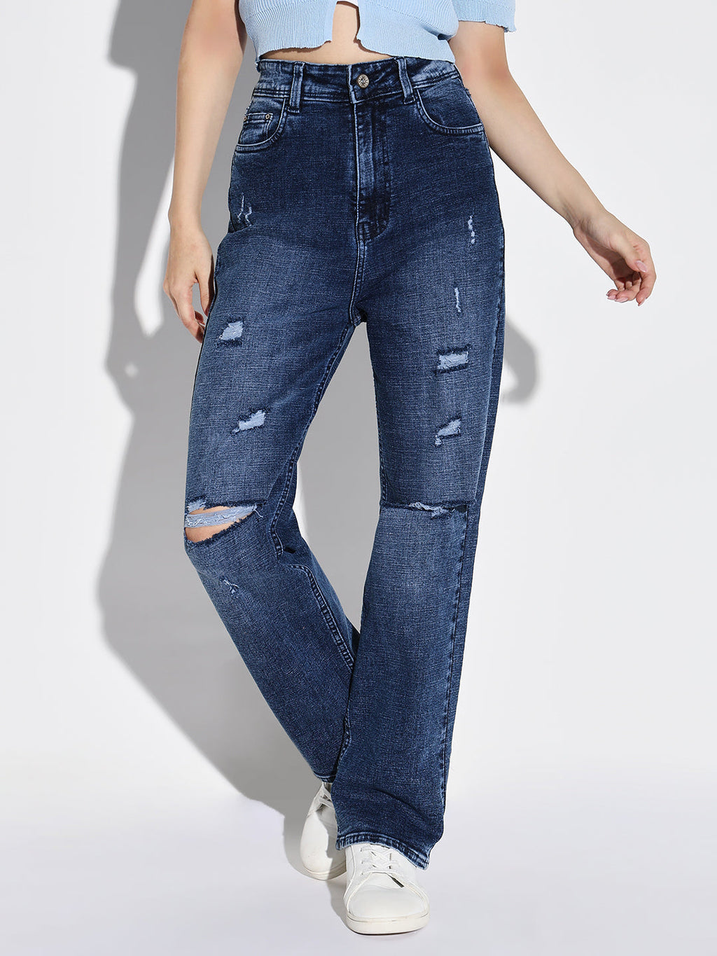 Women's Blue Comfort Straight Fit Slash Knee Heavy Fade Jeans