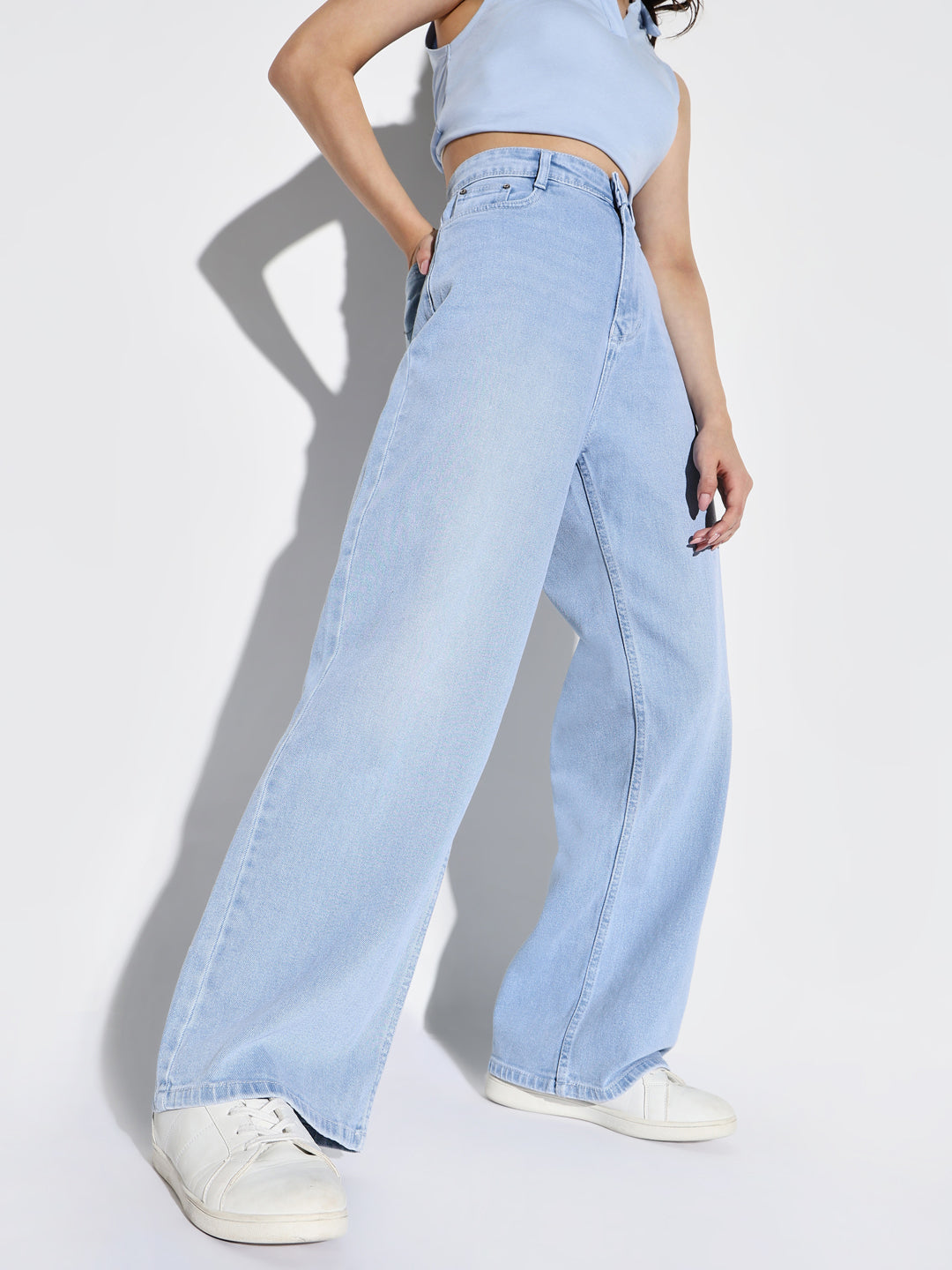 Women's Blue Comfort Wide Leg Light Fade Jeans