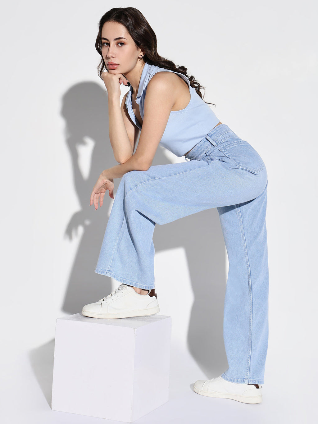 Women's Blue Comfort Wide Leg Light Fade Jeans