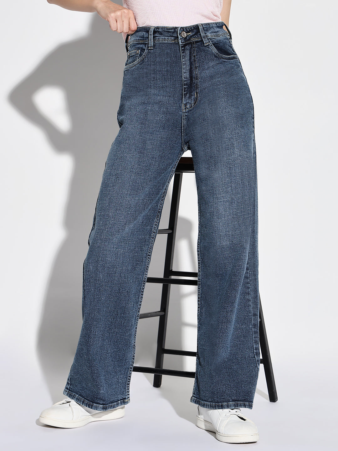 Women's Navy Blue Comfort Wide Leg Acid Wash Denim Jeans
