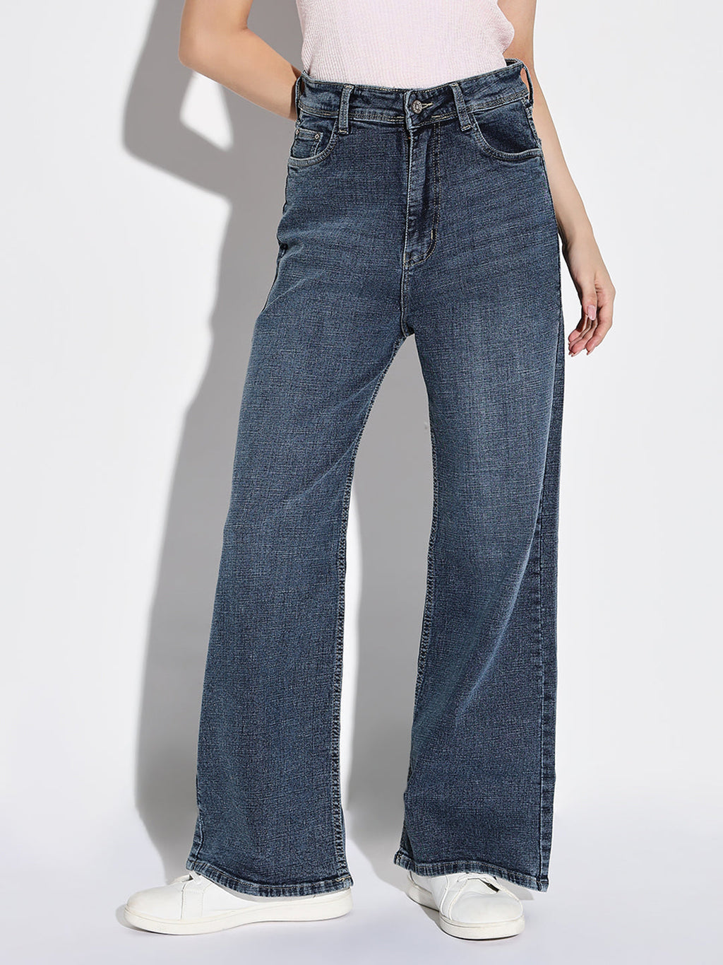 Women's Navy Blue Comfort Wide Leg Acid Wash Denim Jeans
