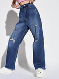 Women's Blue Comfort Wide Leg Mildly Distressed Heavy Fade Acid Wash Stretchable Jeans