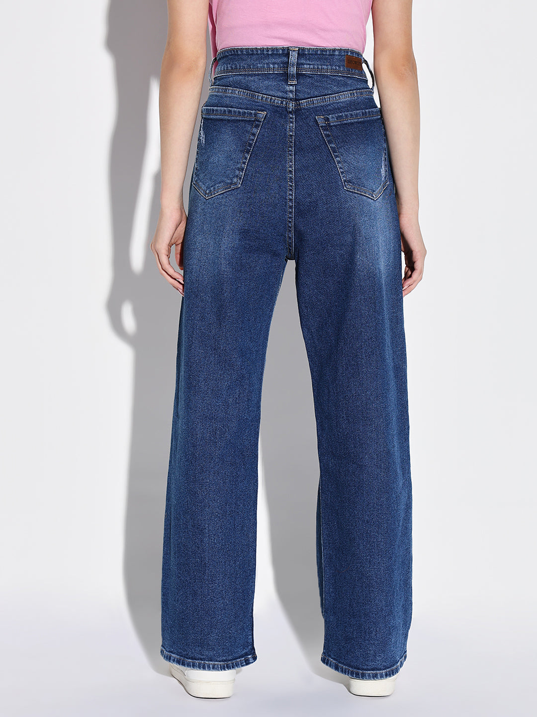 Women's Blue Comfort Wide Leg Mildly Distressed Heavy Fade Acid Wash Stretchable Jeans