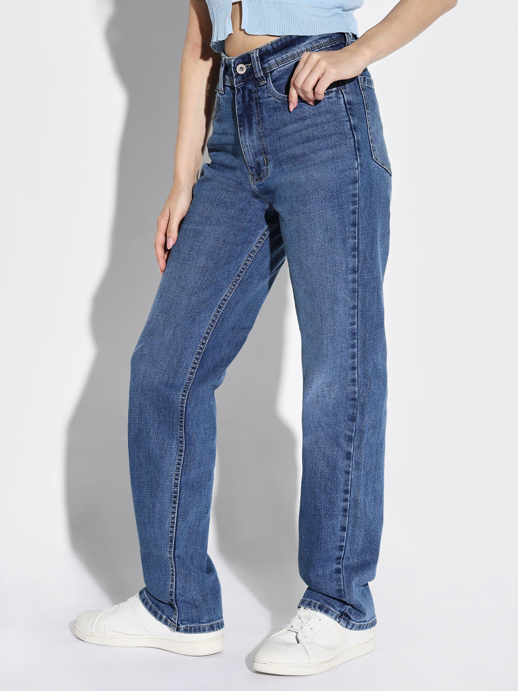 Women's Blue Comfort Wide Leg Light Fade Stretchable Jeans