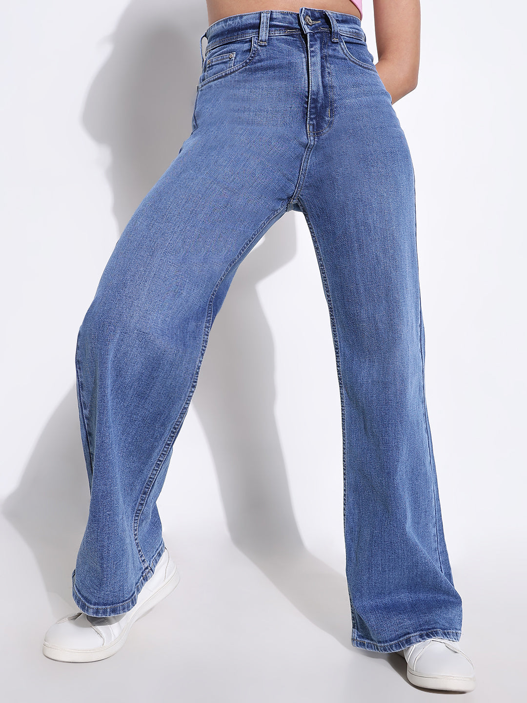 Women's Blue Comfort Wide Leg Light Fade Acid Wash Stretchable Jeans