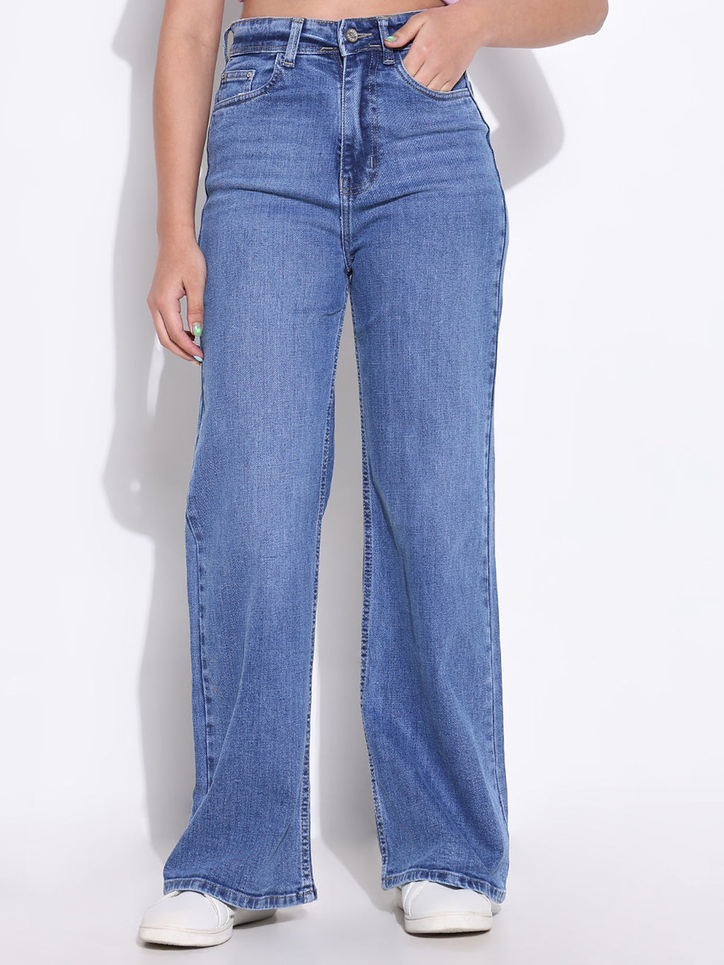 Women's Blue Comfort Wide Leg Light Fade Acid Wash Stretchable Jeans