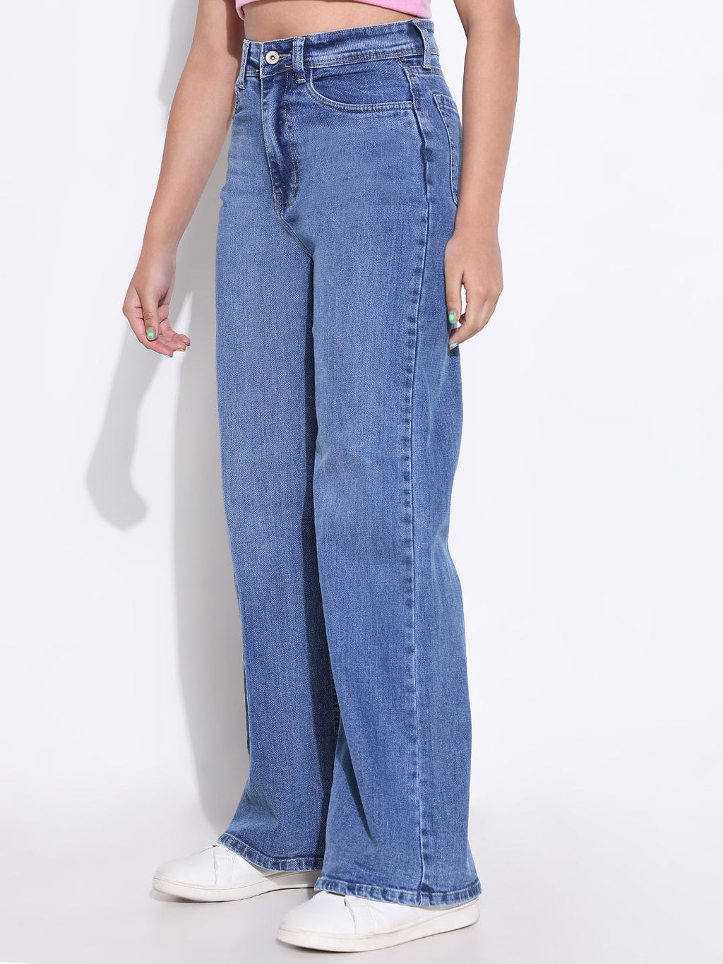 Women's Blue Comfort Wide Leg Light Fade Acid Wash Stretchable Jeans