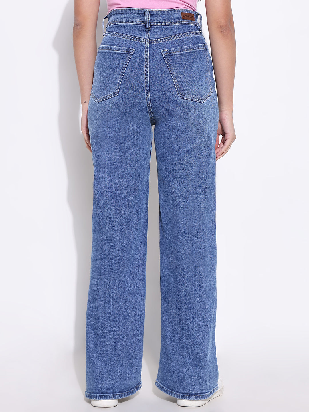 Women's Blue Comfort Wide Leg Light Fade Acid Wash Stretchable Jeans