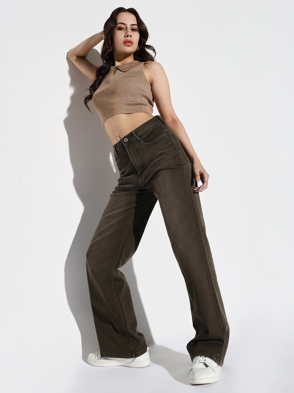 Women's Olive Mid-Rise Comfort Wide Leg Light Fade Acid Wash Stretchable Jeans