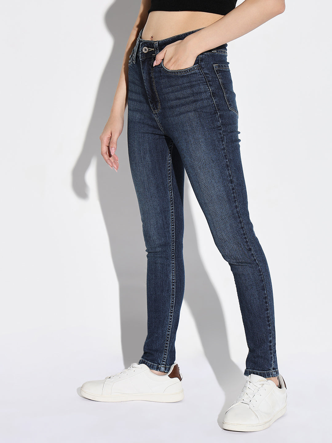 Women's Navy Blue Comfort Slim Fit Light Fade Acid Wash Stretchable Jeans