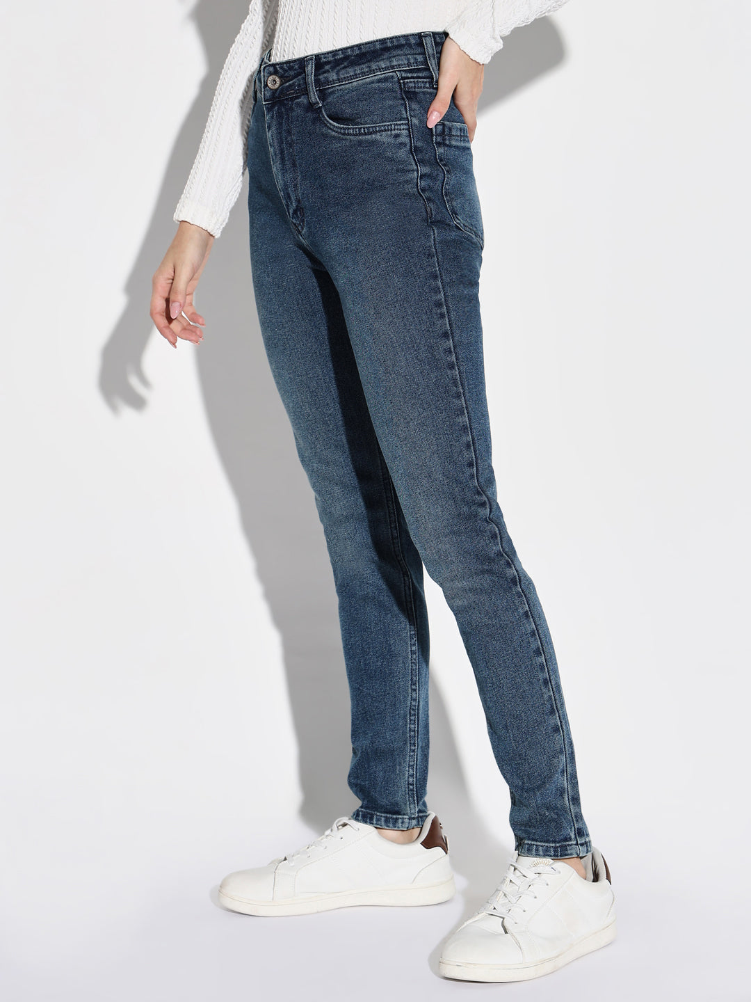 Women's Blue Mid-Rise Comfort Slim Fit Light Fade Acid Wash Stretchable Jeans