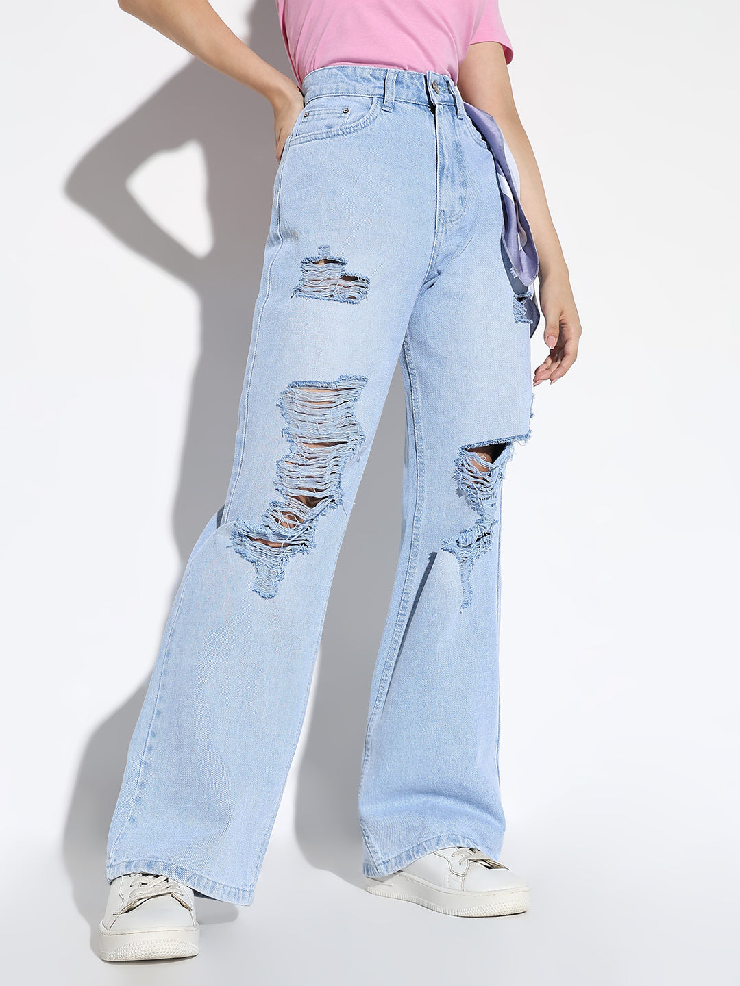 Women's Blue Comfort Wide Leg Highly Distressed Light Fade Denim Jeans