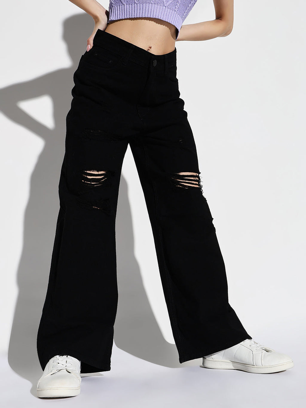 Women's Black Mid-Rise Comfort Wide Leg Highly Distressed Acid Wash Stretchable Jeans