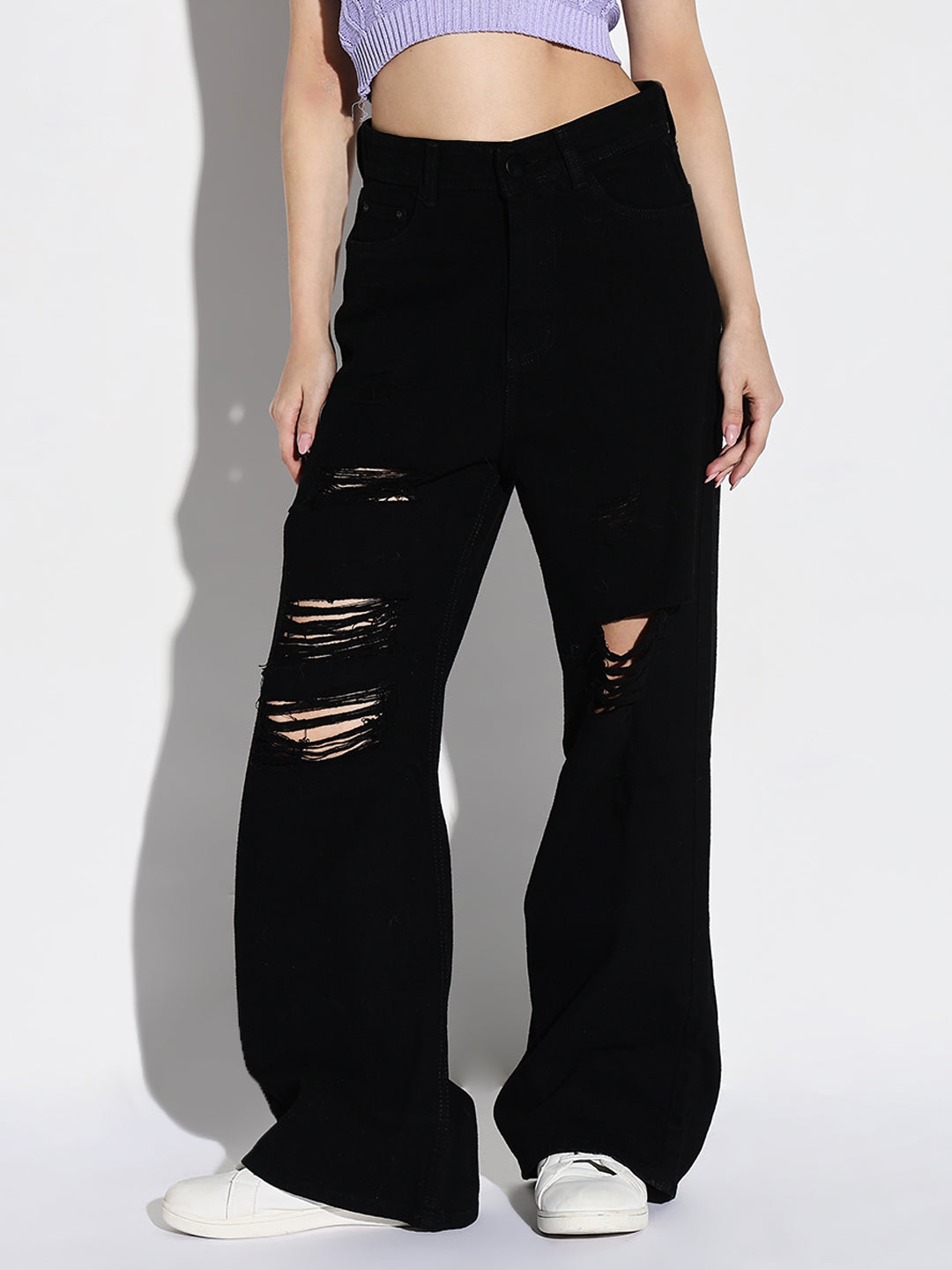Women's Black Mid-Rise Comfort Wide Leg Highly Distressed Acid Wash Stretchable Jeans