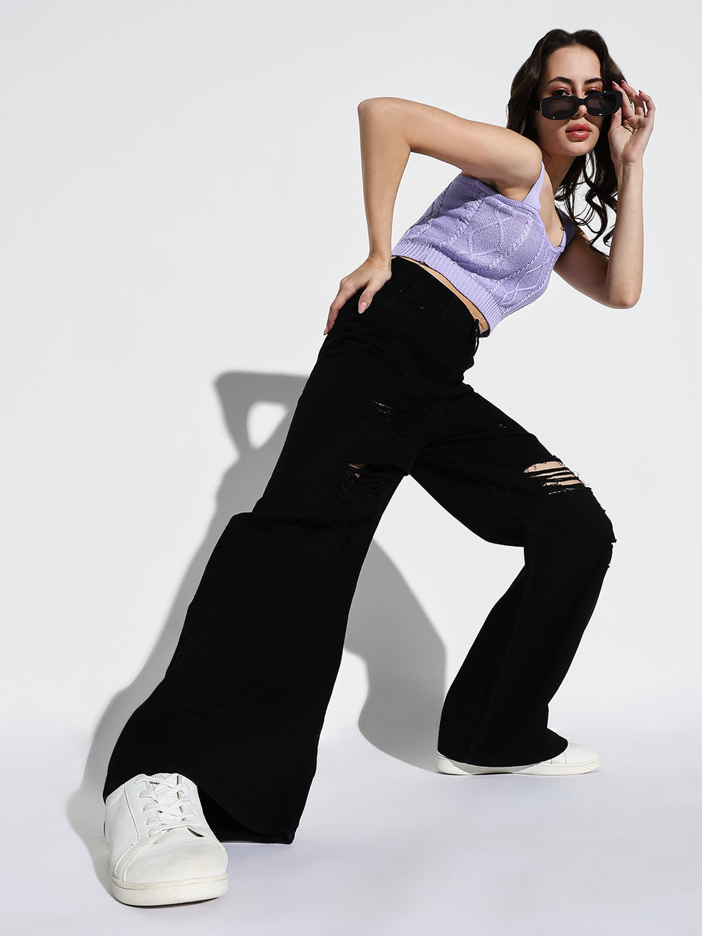Women's Black Mid-Rise Comfort Wide Leg Highly Distressed Acid Wash Stretchable Jeans