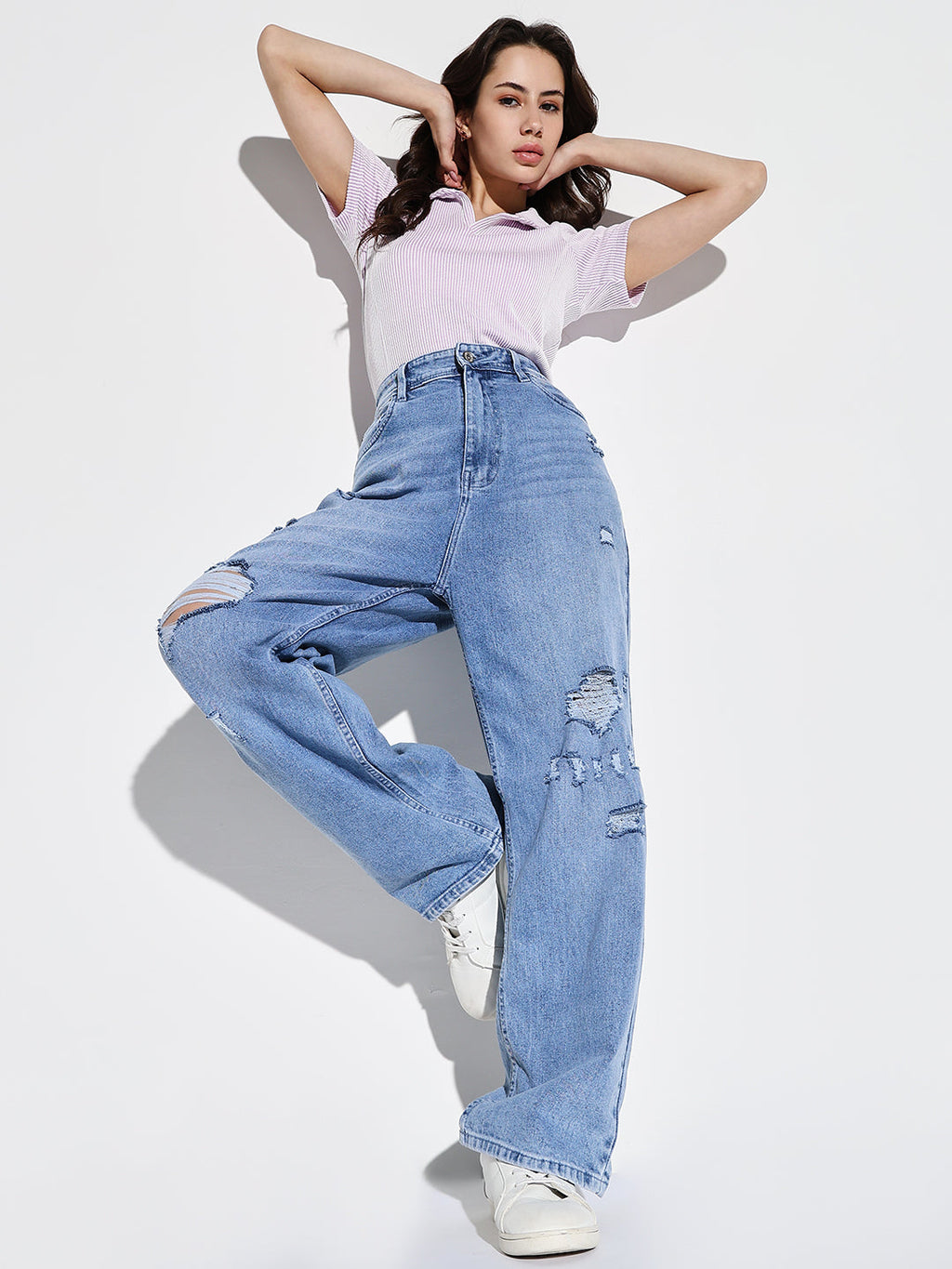 Women's Blue Comfort Wide Leg Slash Knee Light Fade Acid Wash Stretchable Jeans