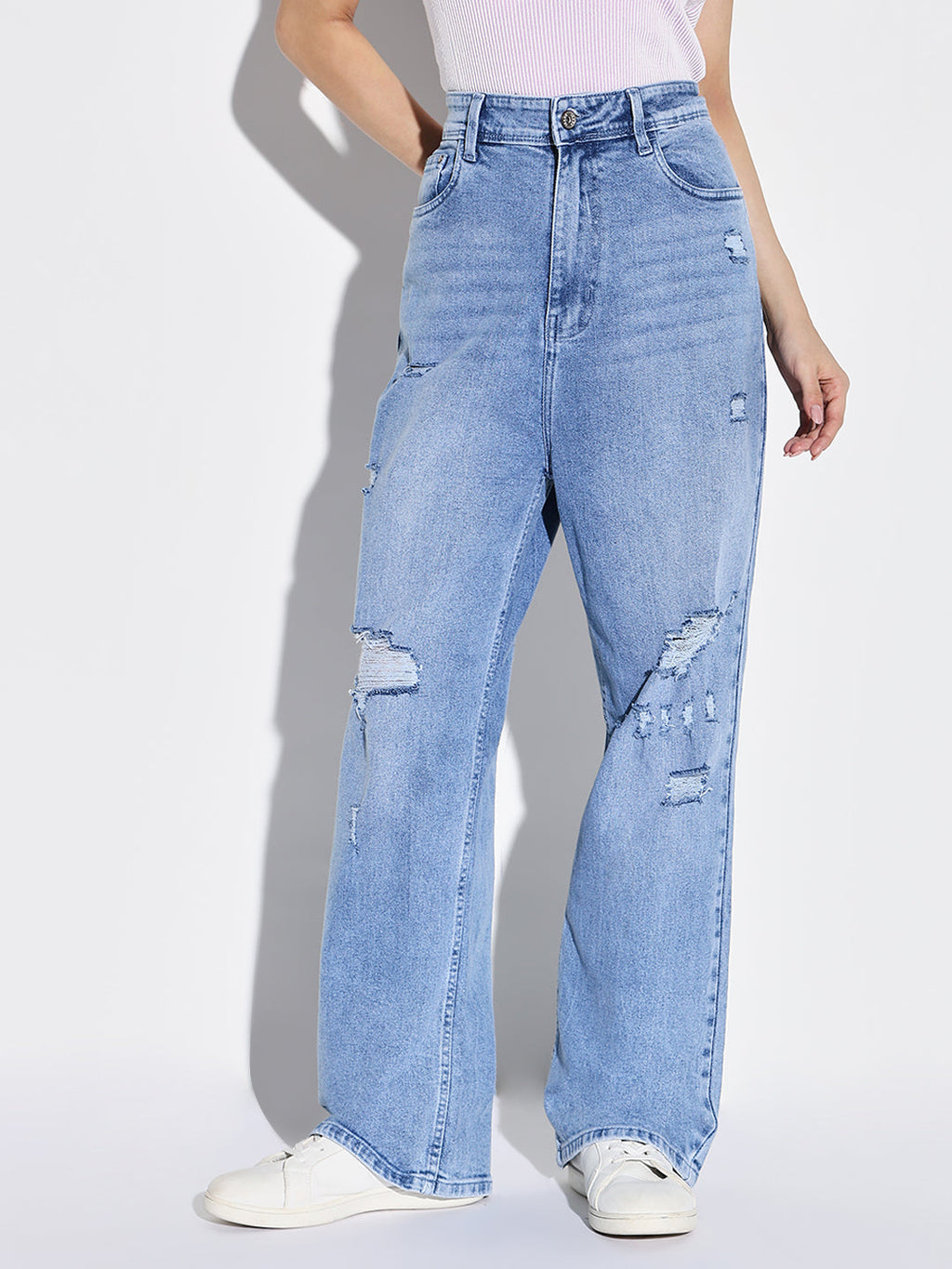 Women's Blue Comfort Wide Leg Slash Knee Light Fade Acid Wash Stretchable Jeans