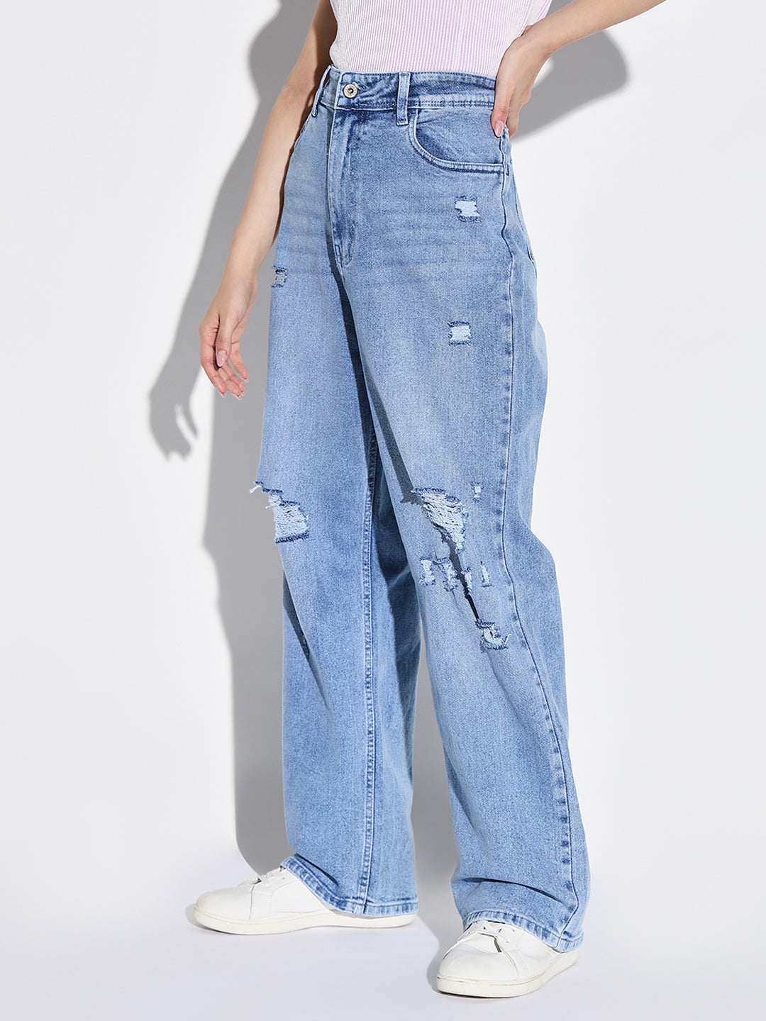 Women's Blue Comfort Wide Leg Slash Knee Light Fade Acid Wash Stretchable Jeans
