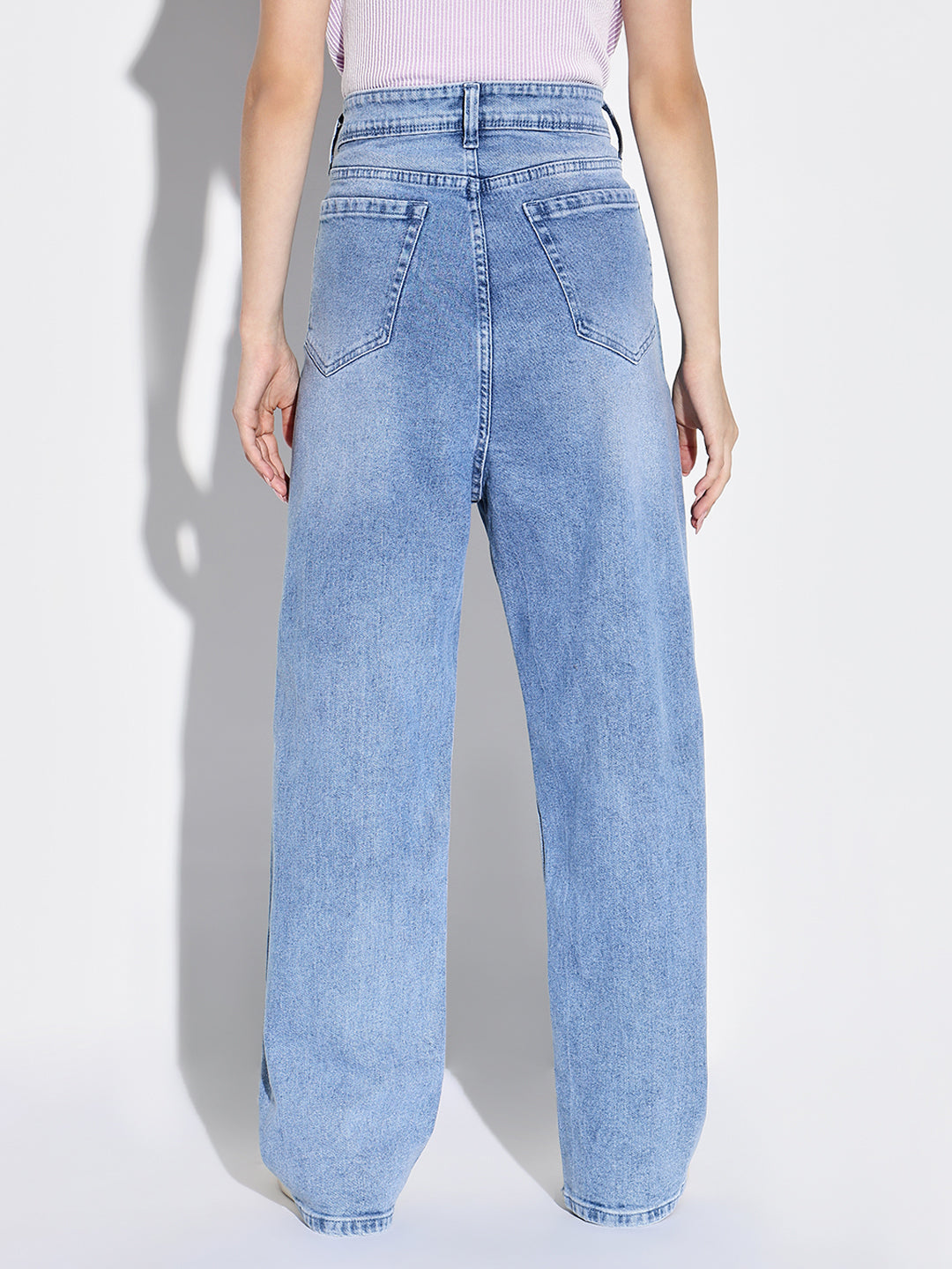 Women's Blue Comfort Wide Leg Slash Knee Light Fade Acid Wash Stretchable Jeans