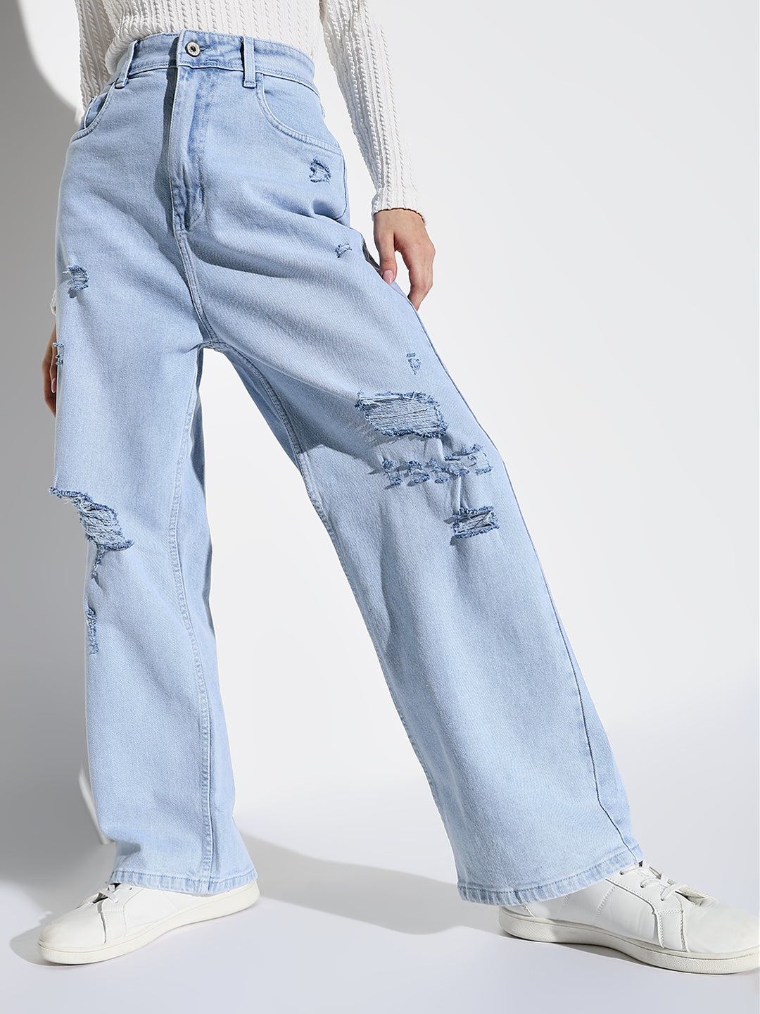 Women's Blue Comfort Wide Leg Low Distress Light Fade Acid Wash Stretchable Jeans