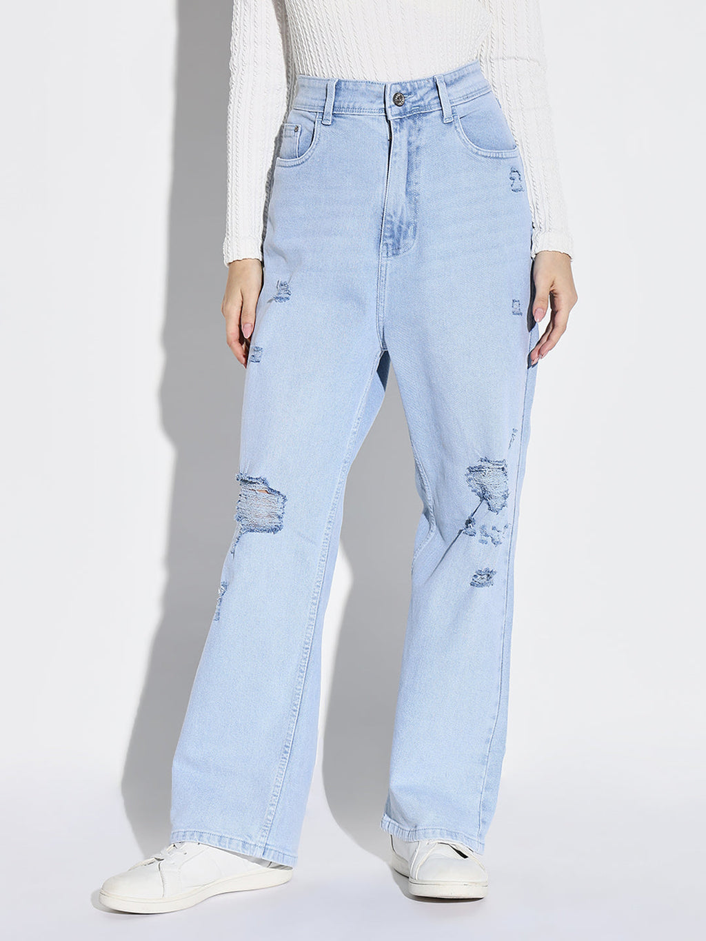 Women's Blue Comfort Wide Leg Low Distress Light Fade Acid Wash Stretchable Jeans