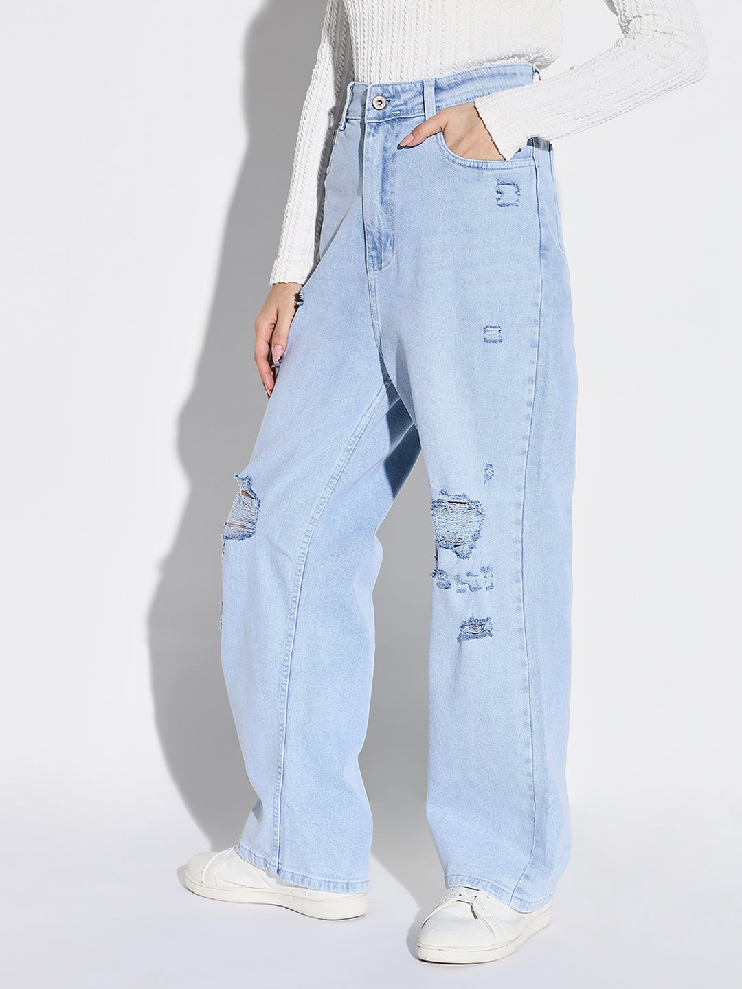 Women's Blue Comfort Wide Leg Low Distress Light Fade Acid Wash Stretchable Jeans
