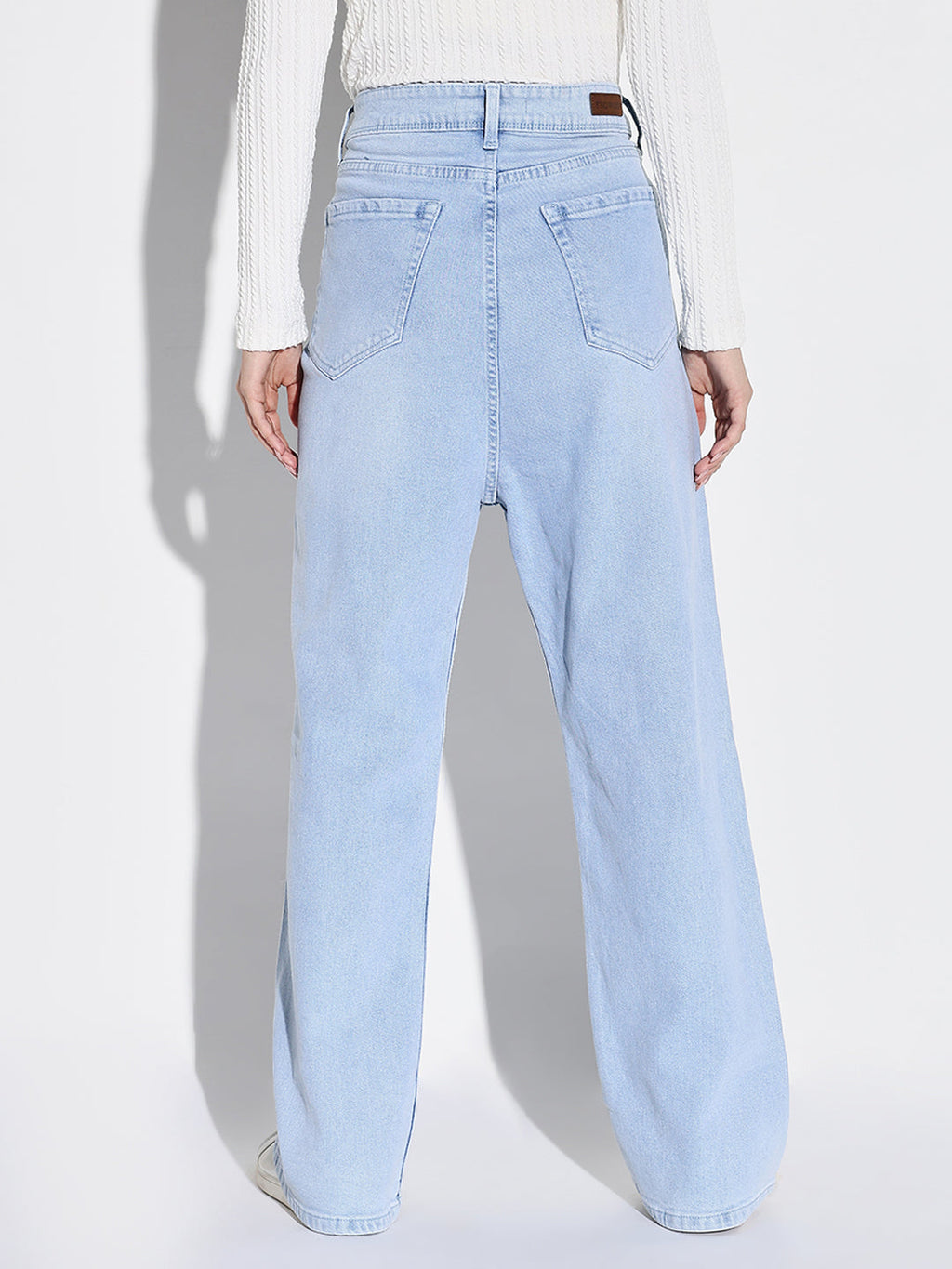 Women's Blue Comfort Wide Leg Low Distress Light Fade Acid Wash Stretchable Jeans