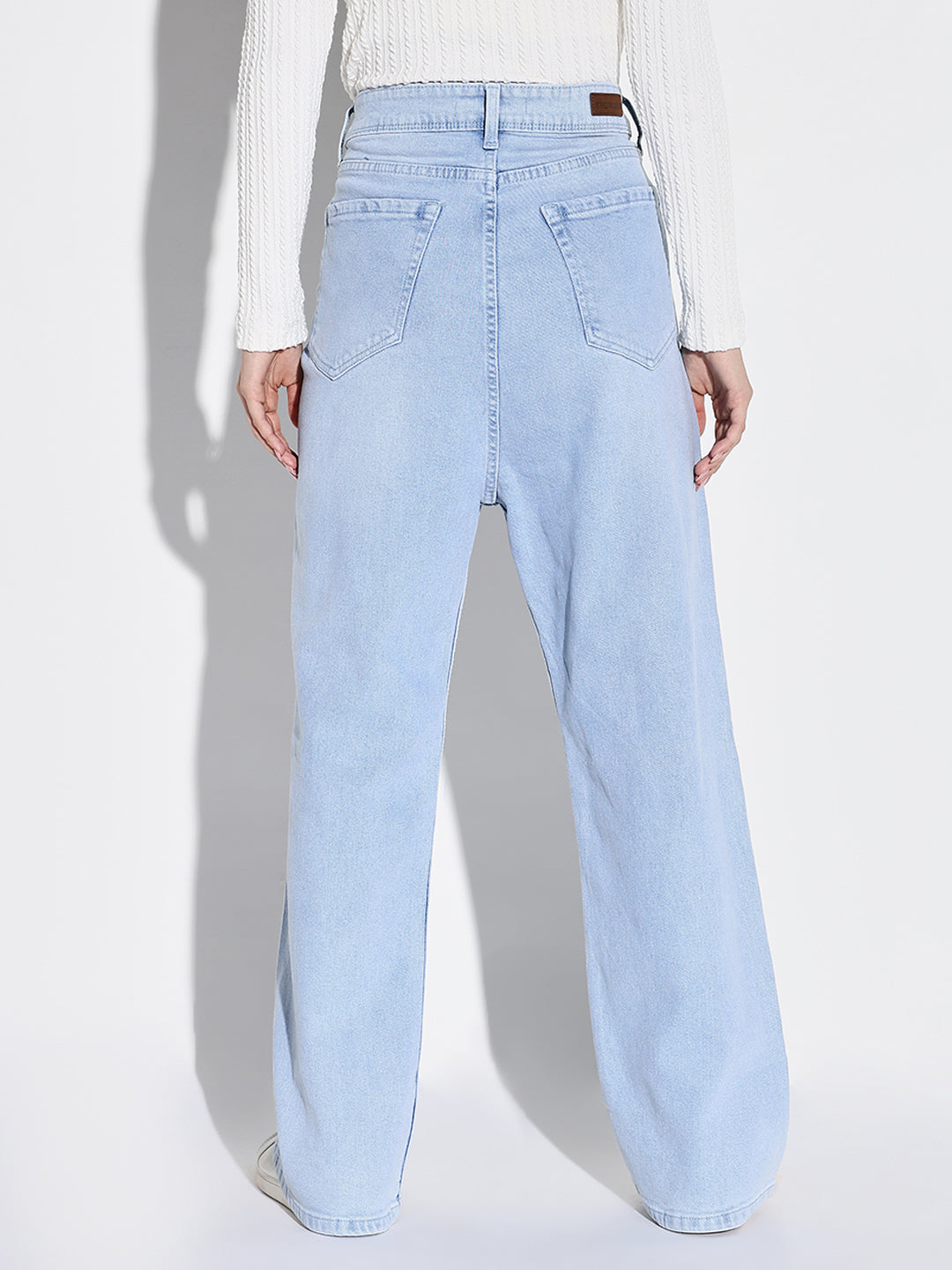 Women's Blue Comfort Wide Leg Low Distress Light Fade Acid Wash Stretchable Jeans