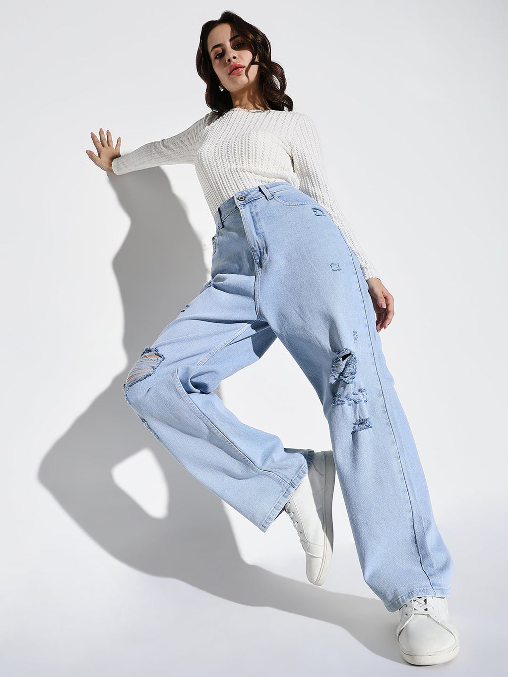 Women's Blue Comfort Wide Leg Low Distress Light Fade Acid Wash Stretchable Jeans