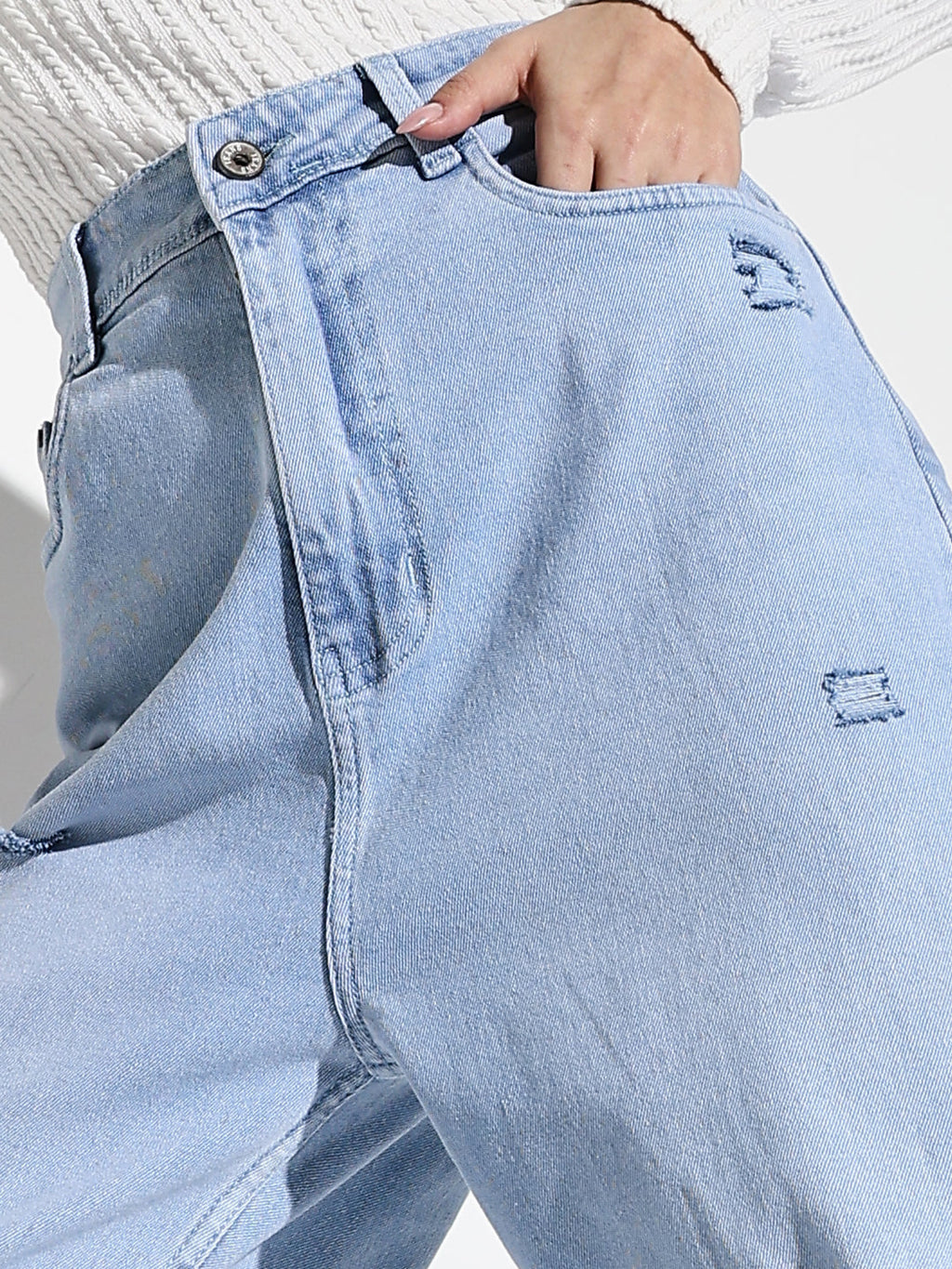 Women's Blue Comfort Wide Leg Low Distress Light Fade Acid Wash Stretchable Jeans