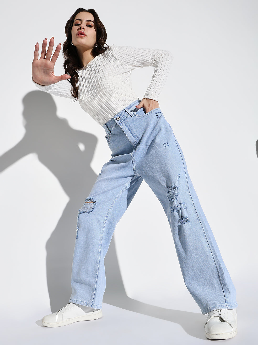 Women's Blue Comfort Wide Leg Low Distress Light Fade Acid Wash Stretchable Jeans