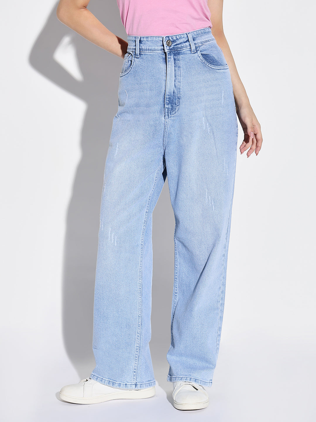 Women's Blue Comfort Wide Leg Light Fade Stretchable Jeans