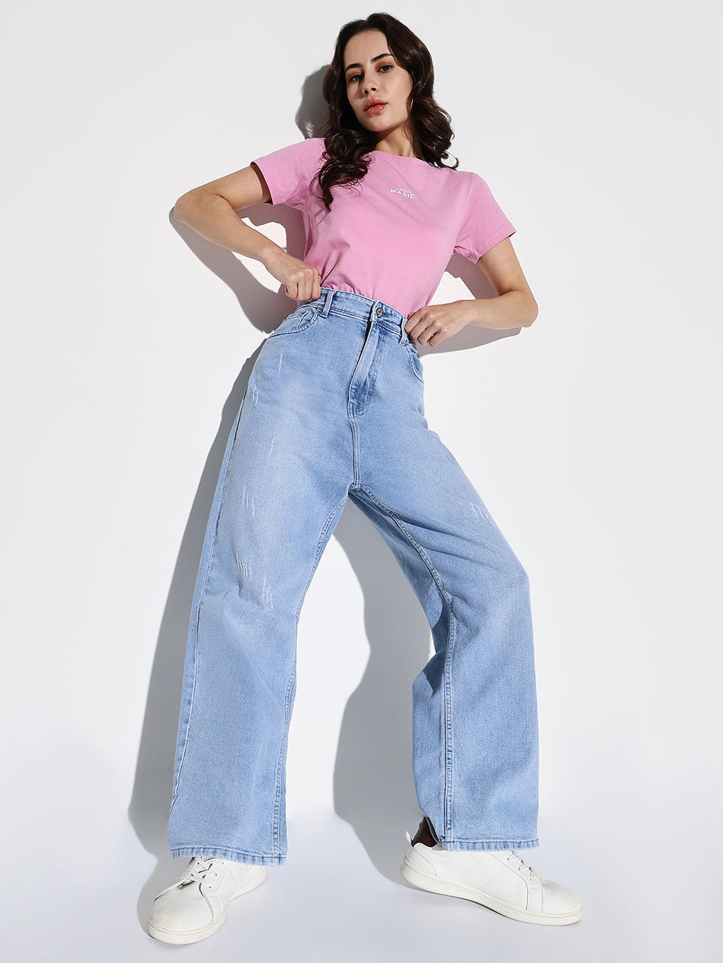 Women's Blue Comfort Wide Leg Light Fade Stretchable Jeans