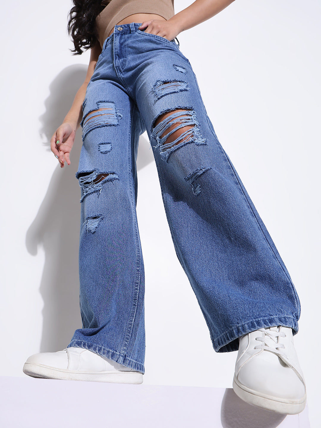 Women's Blue Comfort Wide Leg Highly Distressed Light Fade Acid Wash Jeans