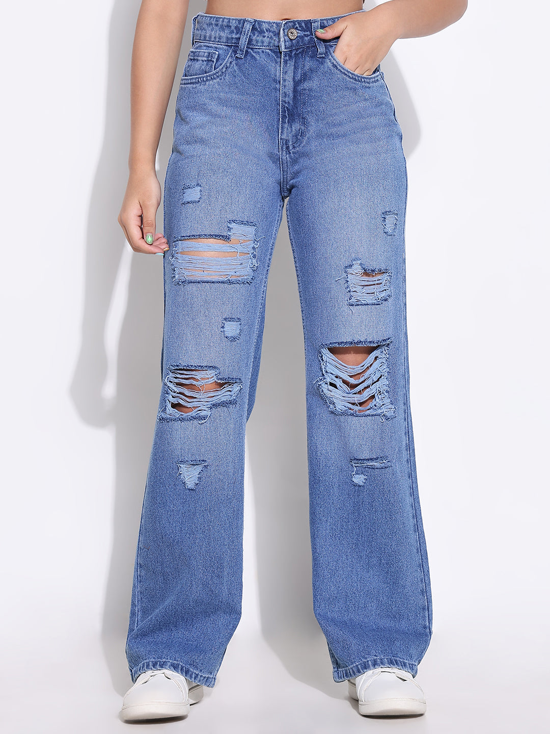 Women's Blue Comfort Wide Leg Highly Distressed Light Fade Acid Wash Jeans