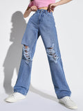 Women's Blue Comfort Wide Leg Highly Distressed Light Fade Acid Wash Stretchable Jeans