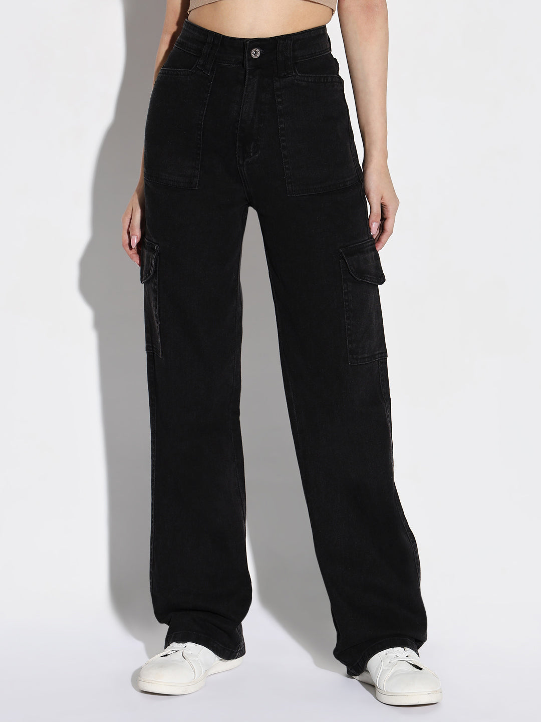 Women's Black Comfort Wide Leg Light Fade Acid Wash Jeans