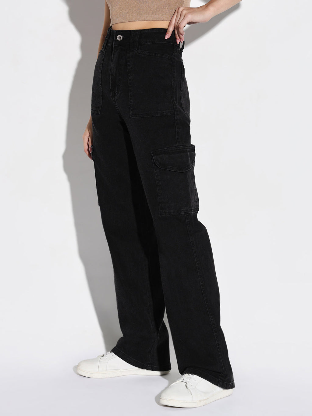 Women's Black Comfort Wide Leg Light Fade Acid Wash Jeans