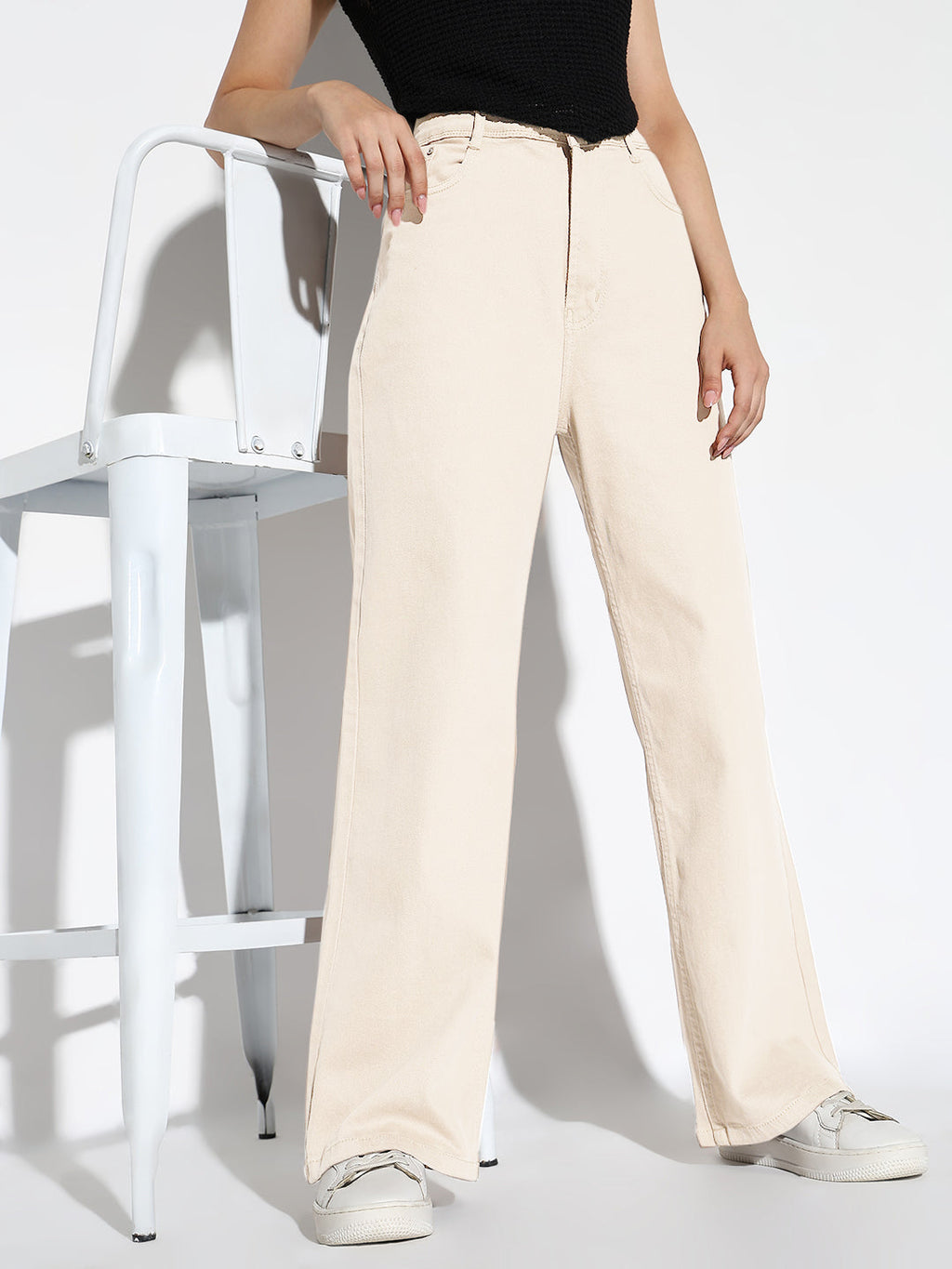 Women's Cream Wide Leg Denim Jeans