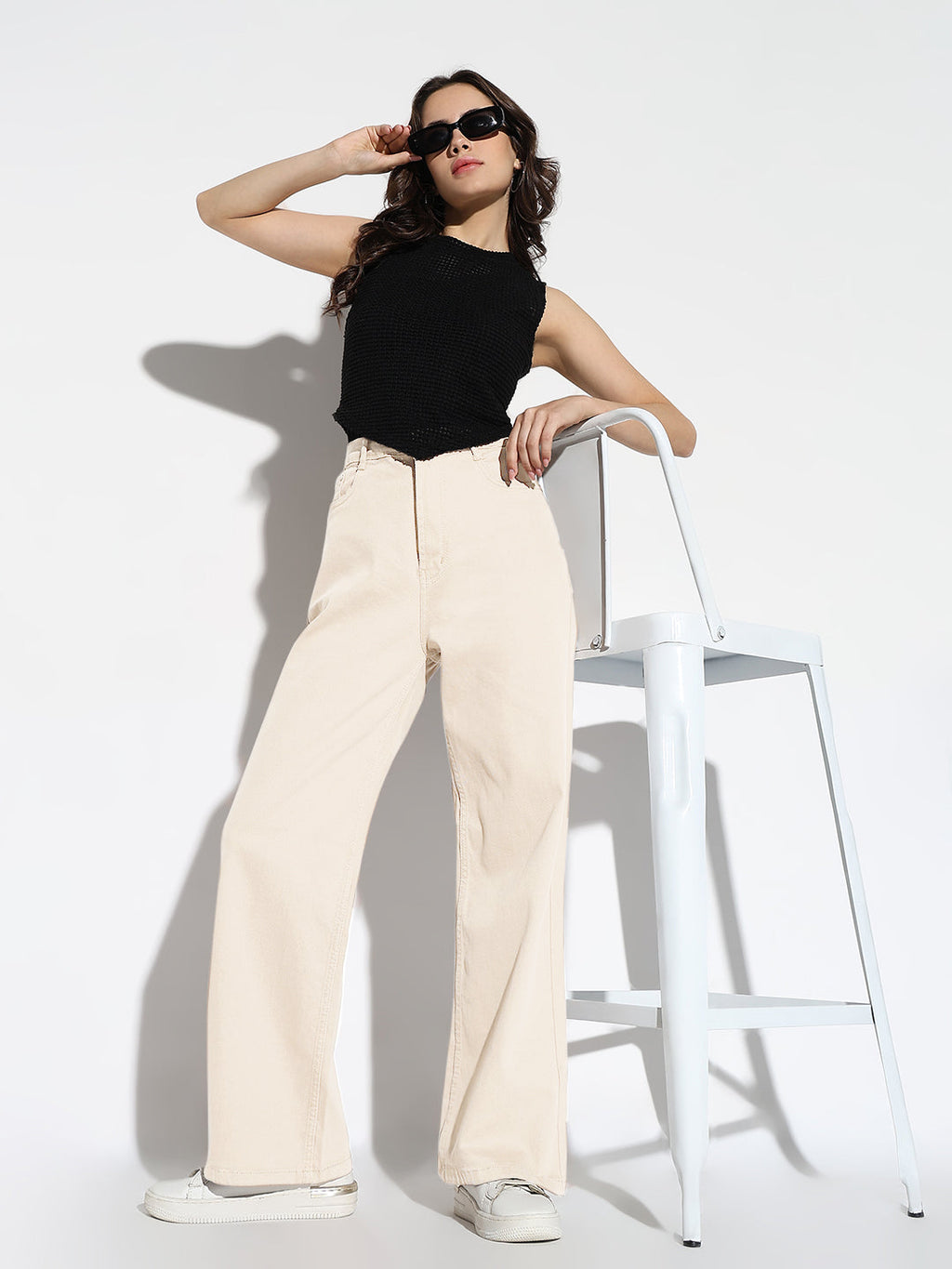 Women's Cream Wide Leg Denim Jeans