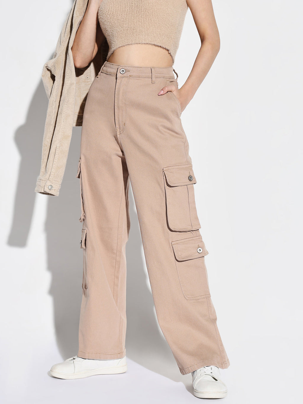 Women's Beige Comfort Wide Leg Acid Wash Cargo Styles Jeans