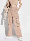 Women's Beige Comfort Wide Leg Acid Wash Cargo Styles Jeans