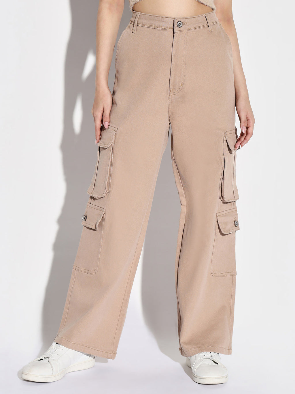 Women's Beige Comfort Wide Leg Acid Wash Cargo Styles Jeans