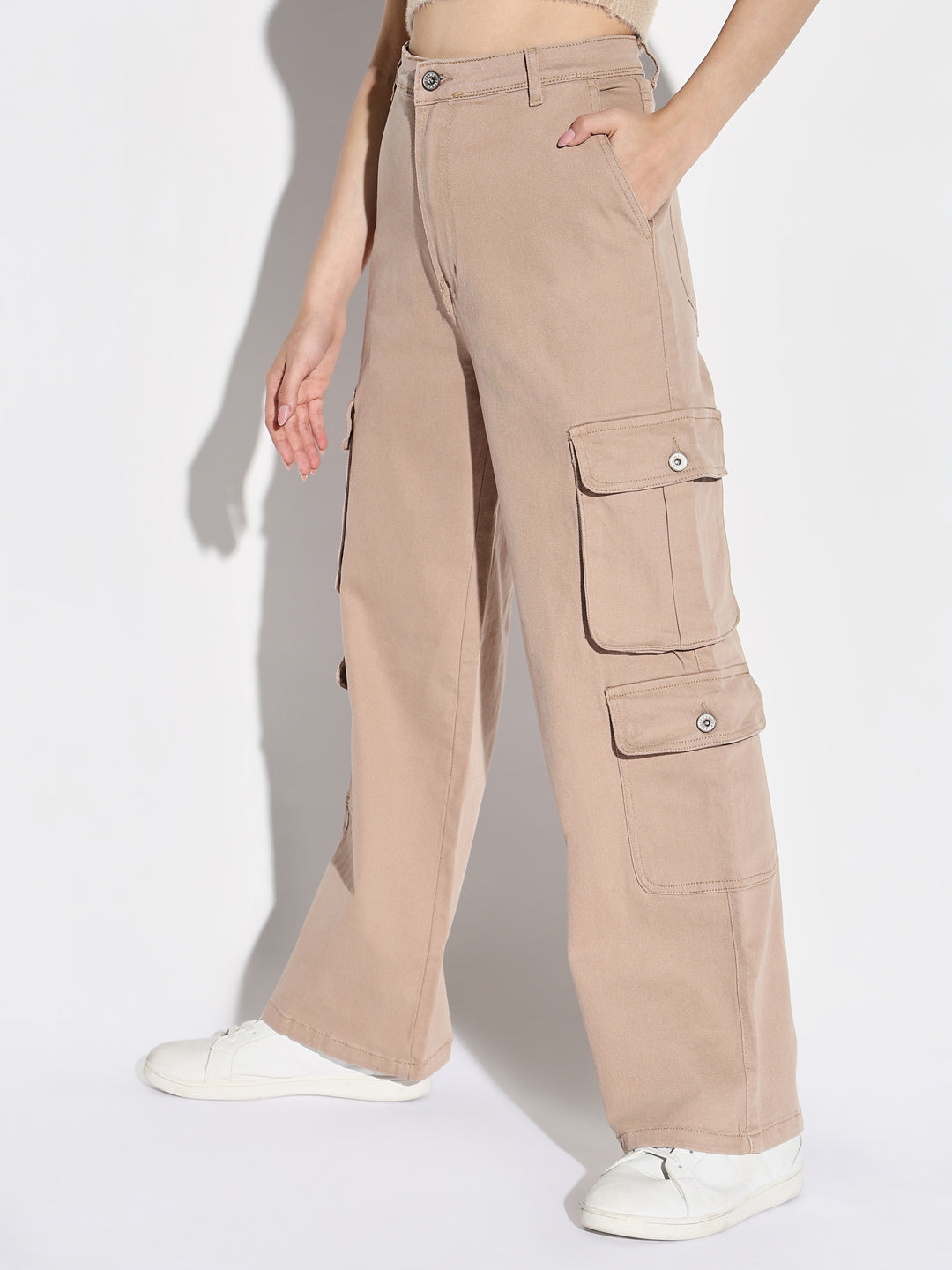Women's Beige Comfort Wide Leg Acid Wash Cargo Styles Jeans