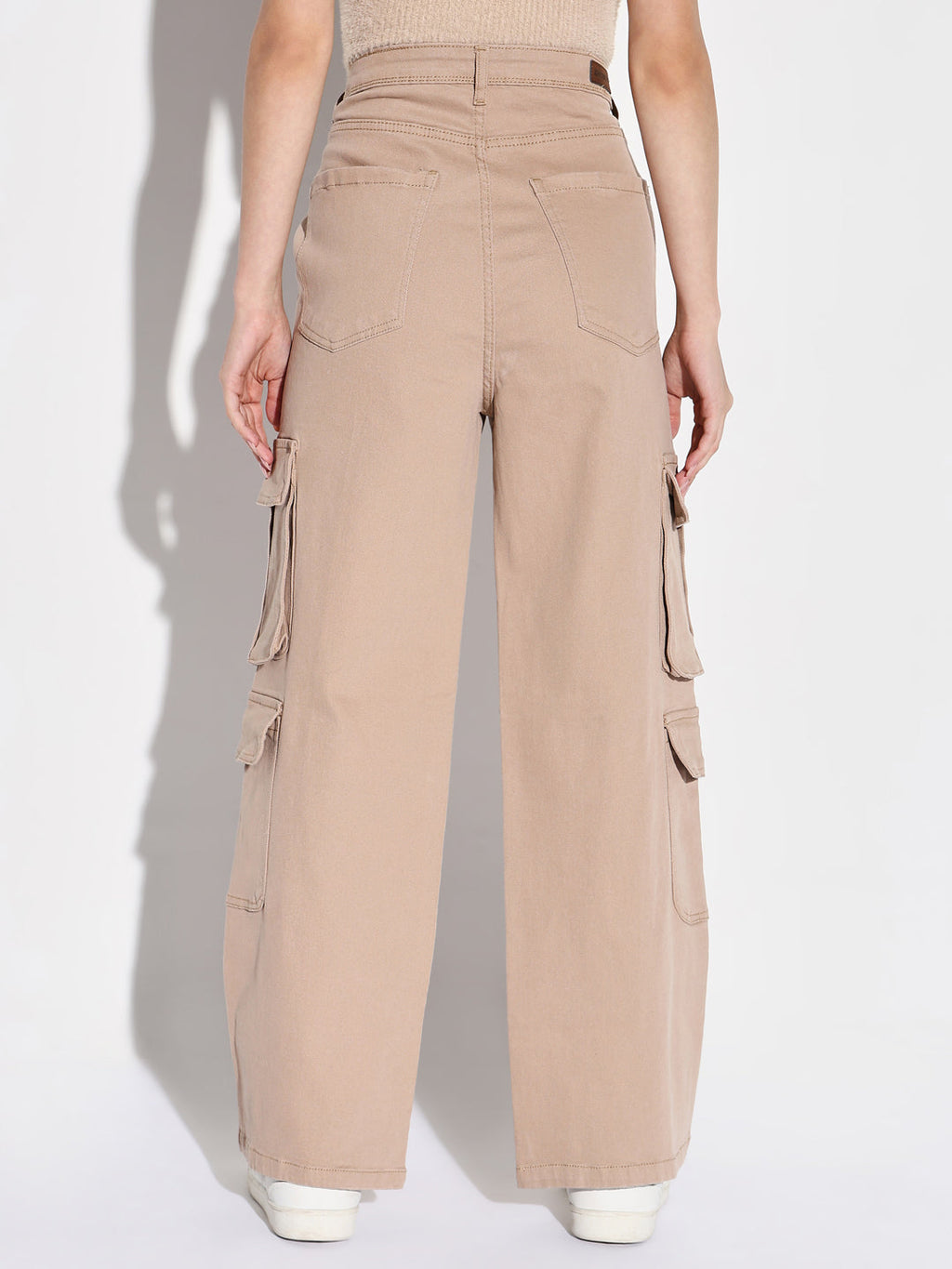 Women's Beige Comfort Wide Leg Acid Wash Cargo Styles Jeans
