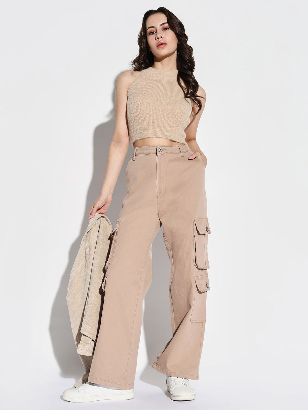 Women's Beige Comfort Wide Leg Acid Wash Cargo Styles Jeans