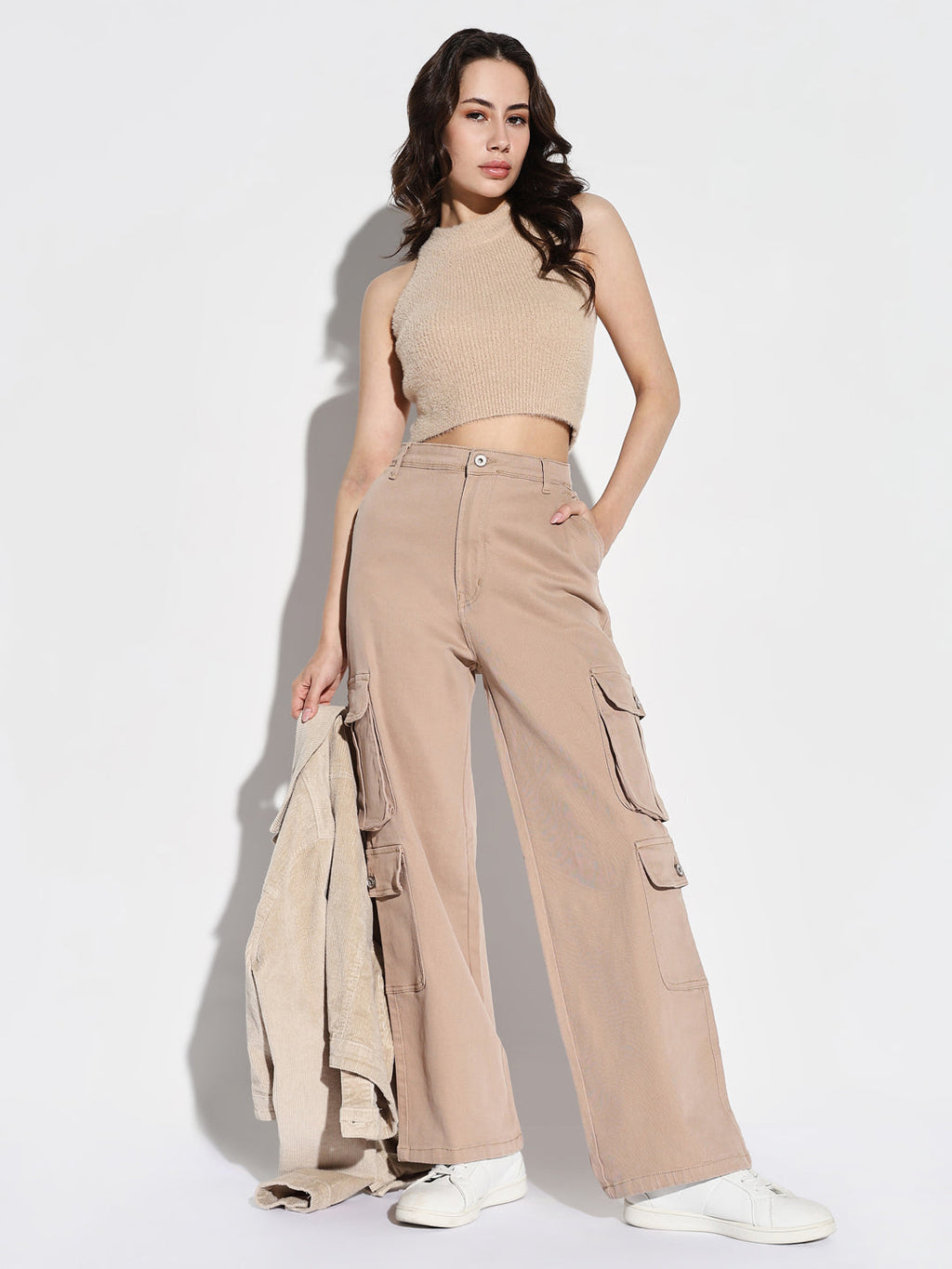 Women's Beige Comfort Wide Leg Acid Wash Cargo Styles Jeans