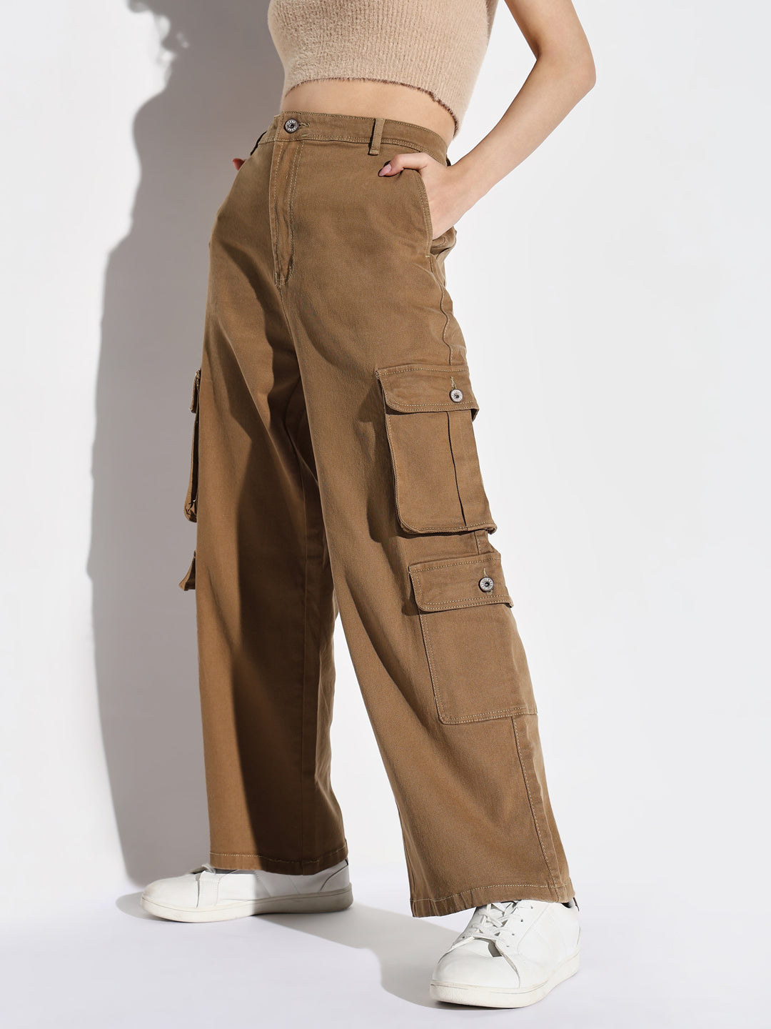 Women's Khaki Denim Comfort Wide Leg Acid Wash Jeans