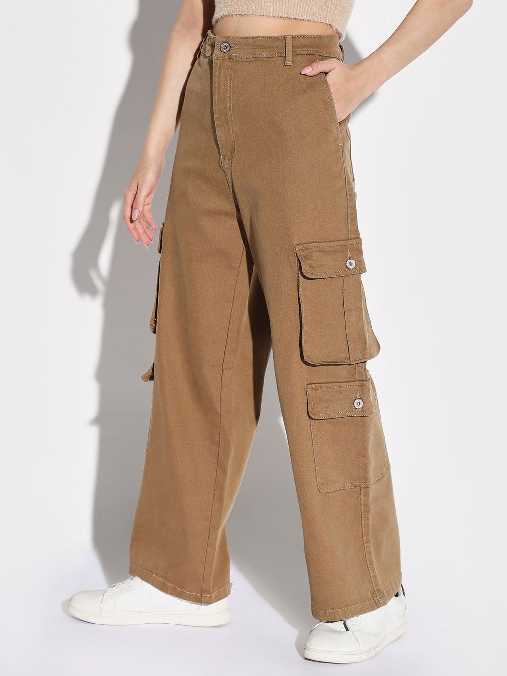Women's Khaki Denim Comfort Wide Leg Acid Wash Jeans