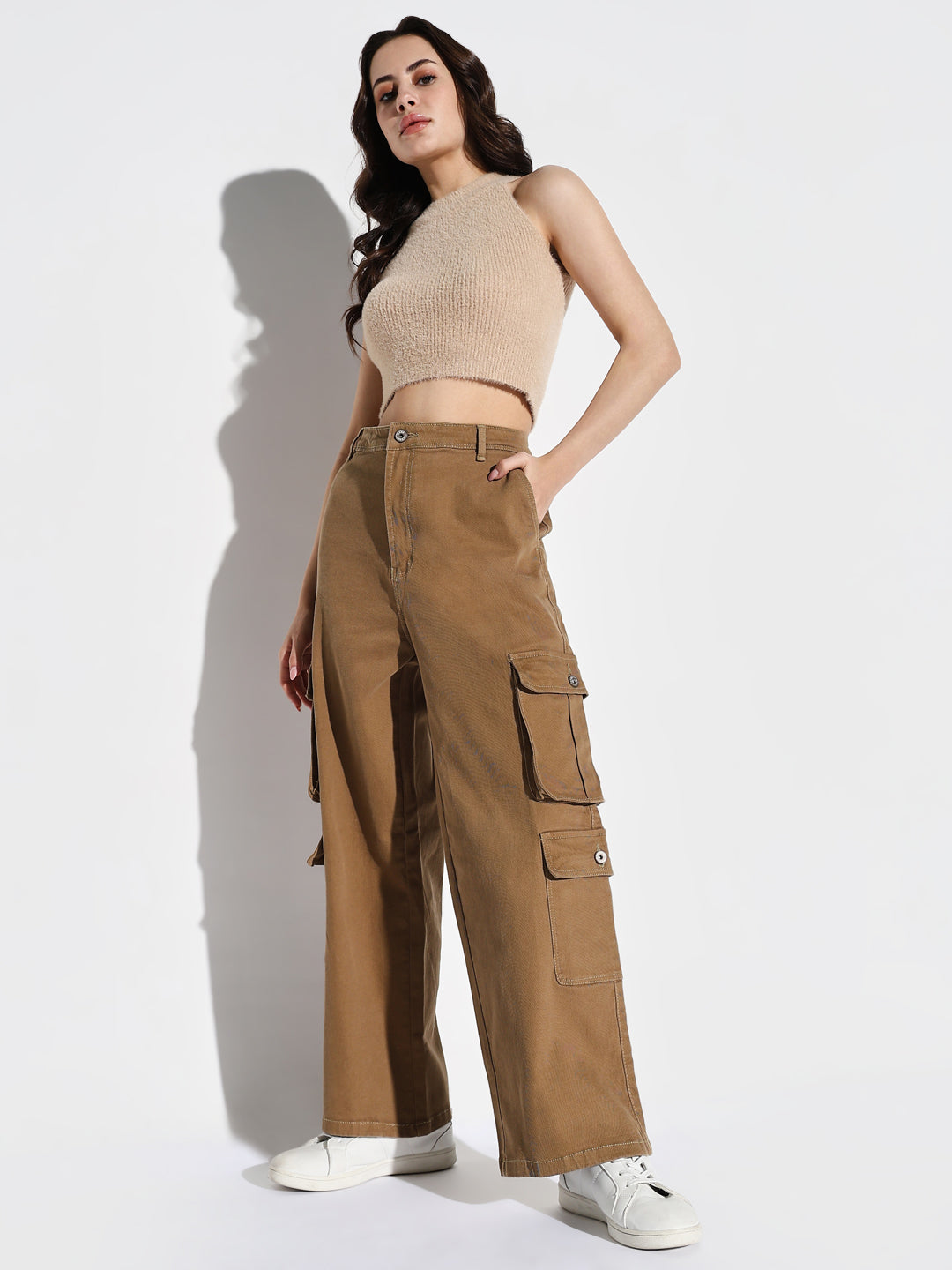 Women's Khaki Denim Comfort Wide Leg Acid Wash Jeans